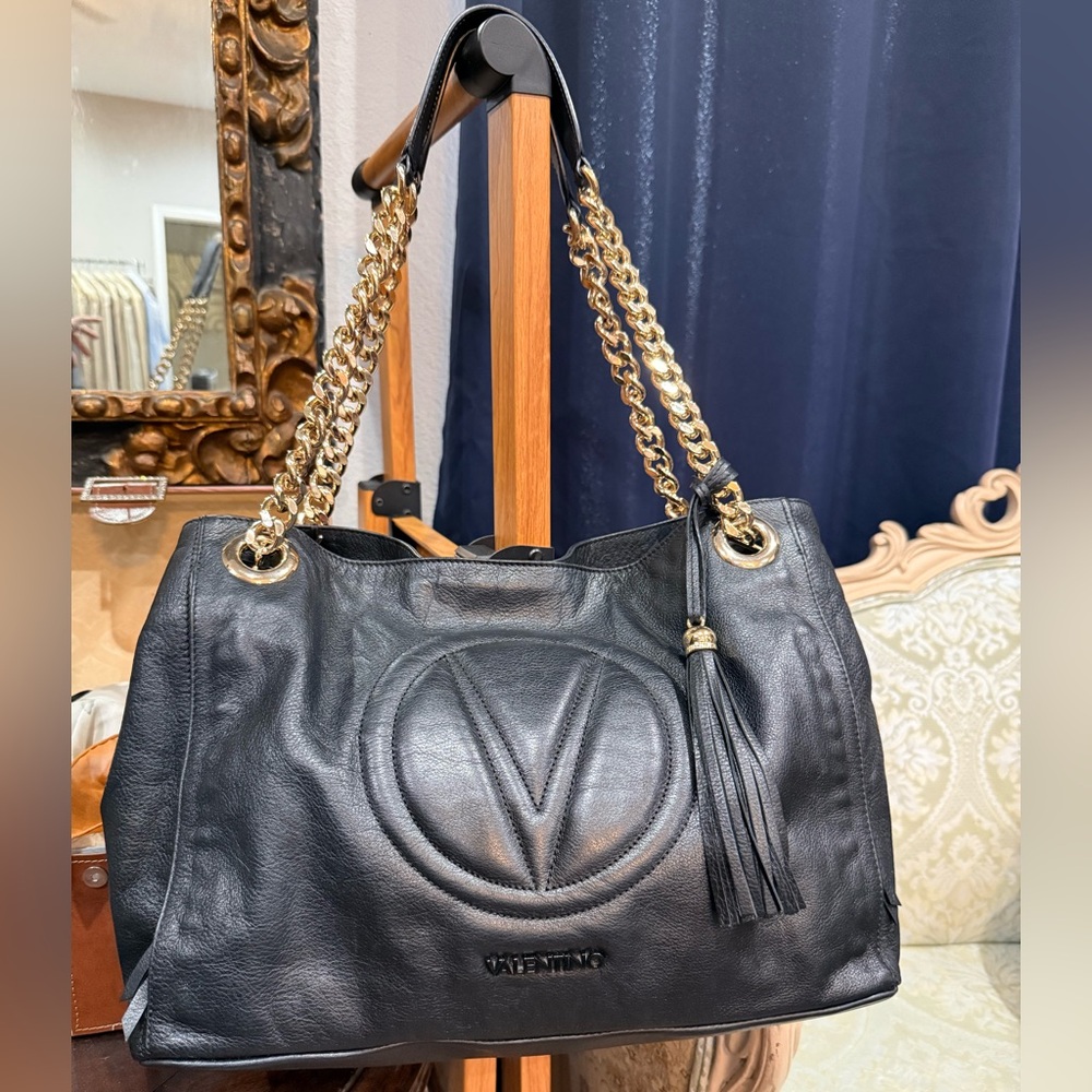 Mario Valentino Verra Black Leather Shoulder Bag with Gold Chain Straps